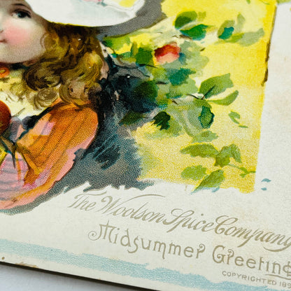 Victorian 1891 Trade Card Lion Coffee Woolson Toledo Girl Picking Peaches SAH9-2