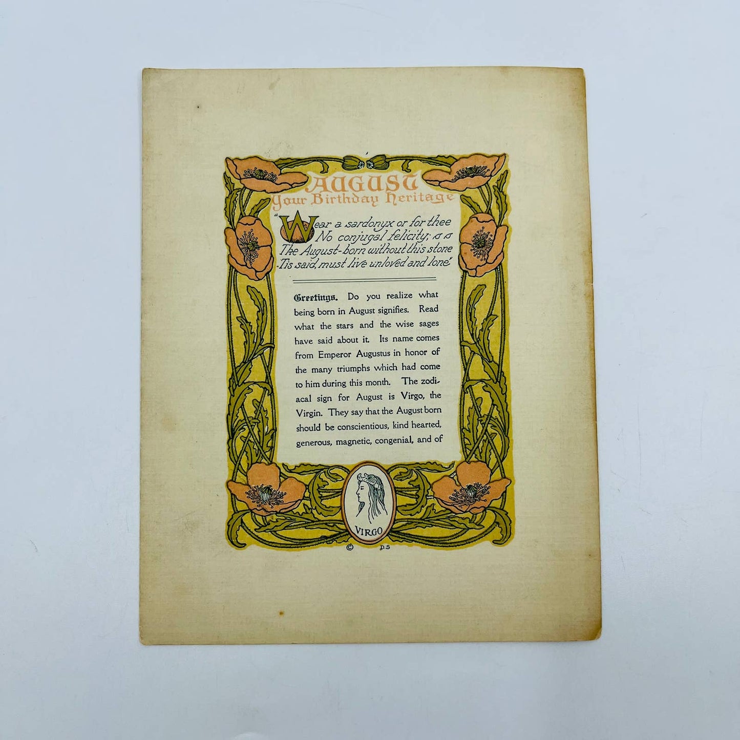 1910 Your Birthday Heritage August Virgo Zodiac Birthday Card DesArts MA D4