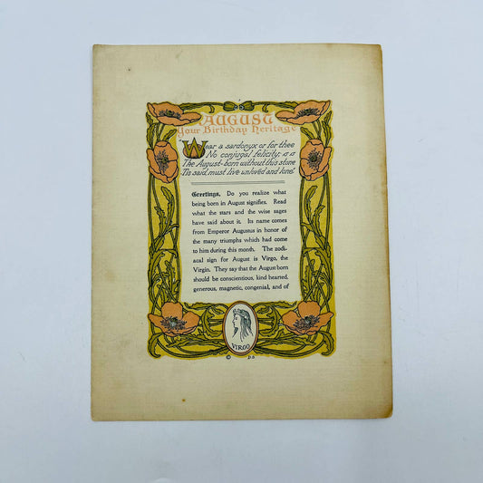 1910 Your Birthday Heritage August Virgo Zodiac Birthday Card DesArts MA D4