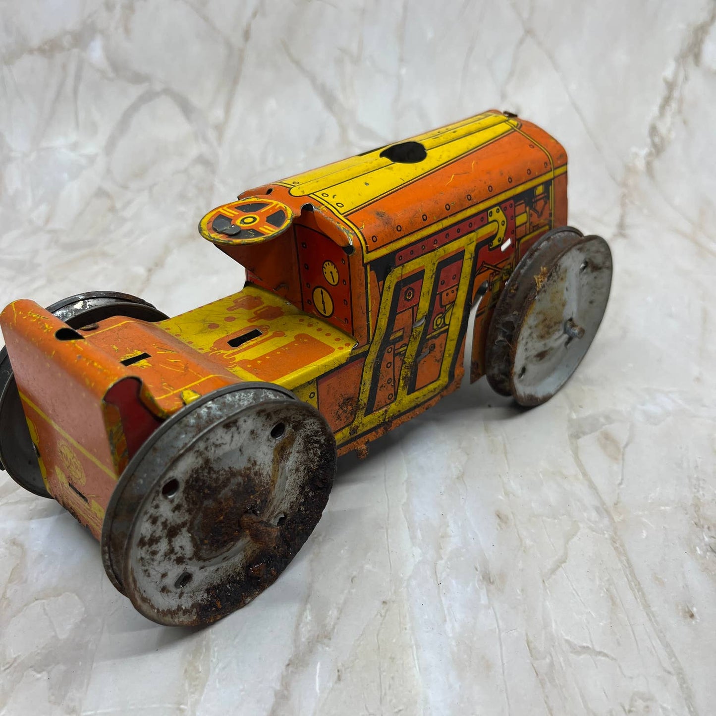 Marx Toy Wind Up Tin Litho Bulldozer/Tractor Yellow & Orange 8x3.5” TK2