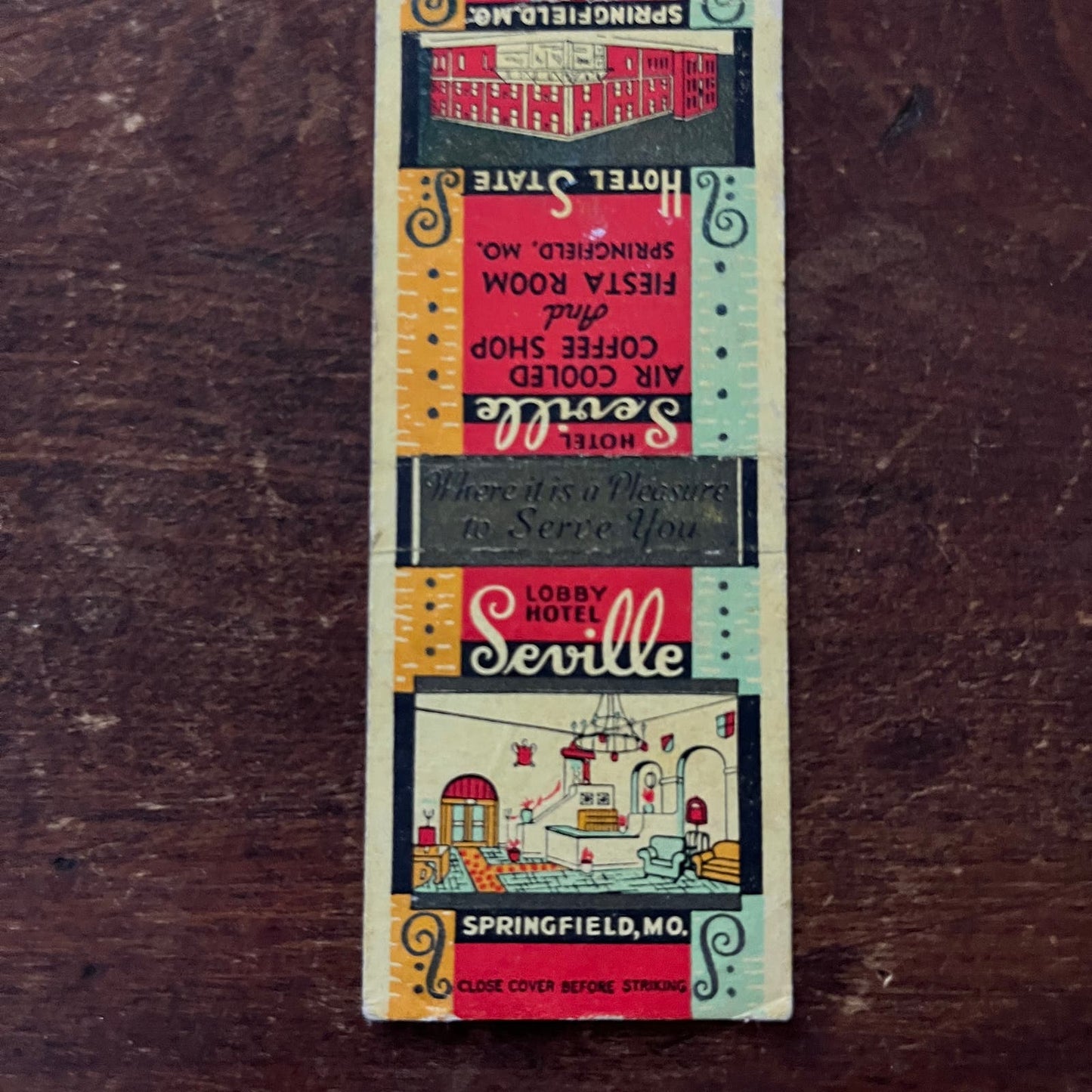 Hotel Seville Fiesta Room Springfield MO Advertising Matchbook Cover SB3-M3