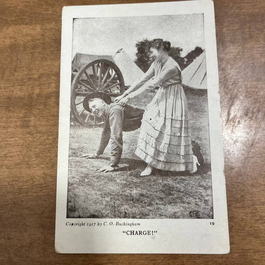 Antique 1917 RPPC Postcard WWI Soldier & Woman CHARGE CO Buckingham PA1