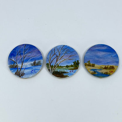 Vintage Lot of 3 Hand Painted Refrigerator Magnets Outdoor Nature Scenes TE7
