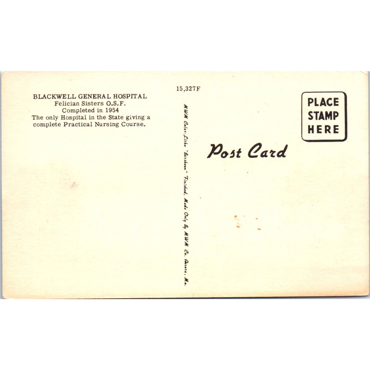 Blackwell General Hospital Felician Sisters Blackwell OK Postcard TK1-24