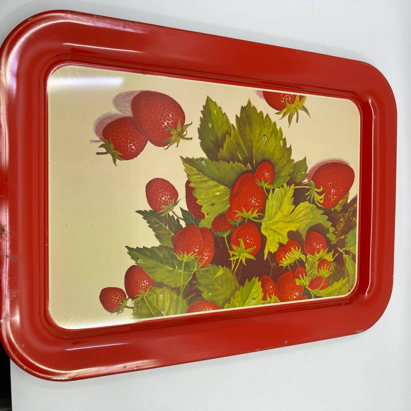 Vintage Set of 2 MCM Strawberry Toleware Tin Litho Trays 17.5 x 13” TI-1