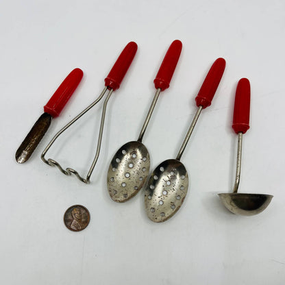 Vintage Toy Kitchen Metal 5 Piece Red Handle Kitchen Utensil Set ~5” TB6