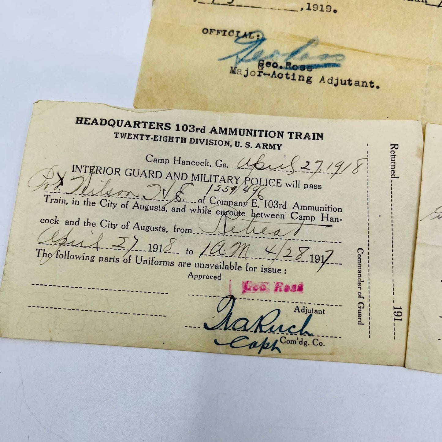 1918 WWI 28th Division 103rd Amm. Documents Corp. Harry E. Wilson Lot of 3 SC2