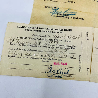 1918 WWI 28th Division 103rd Amm. Documents Corp. Harry E. Wilson Lot of 3 SC2