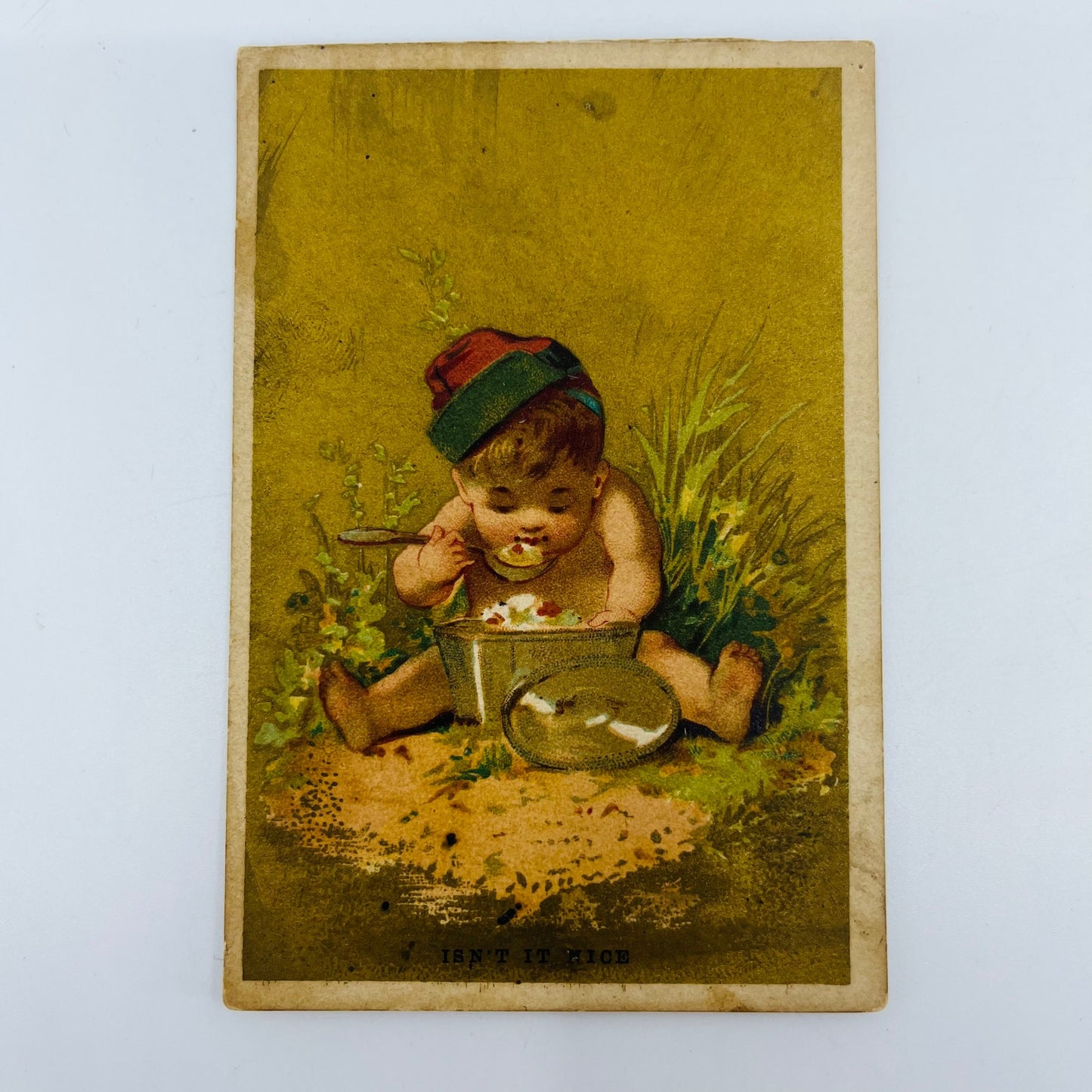 1880s Victorian Trade Card A.R. Baker Young Boy Eating From Pot AH9-M8
