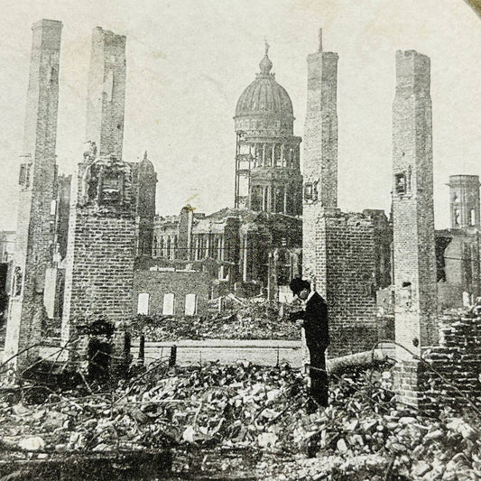 1906 Stereoview Card View of San Francisco Earthquake Photographer In Wreckage