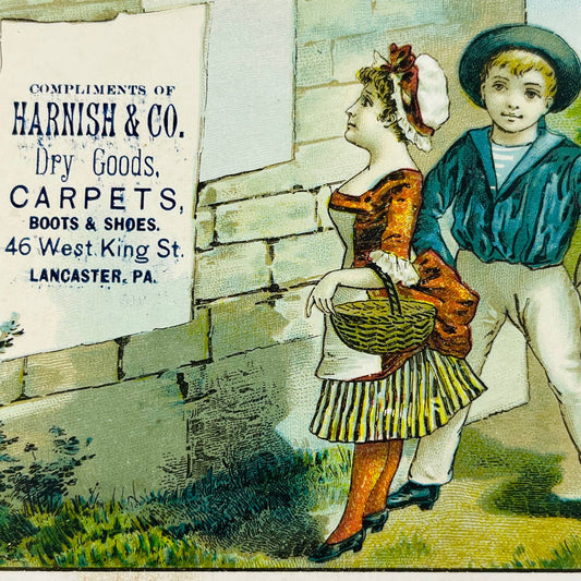 1880s Victorian Trade Card Lancaster PA Jacob Harnish Dry Goods Boy & Girl AA2