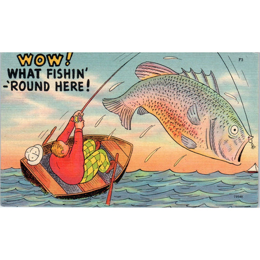 Giant Fish Coldwater MI Humor Cartoon 1944 Original Postcard TK1-20