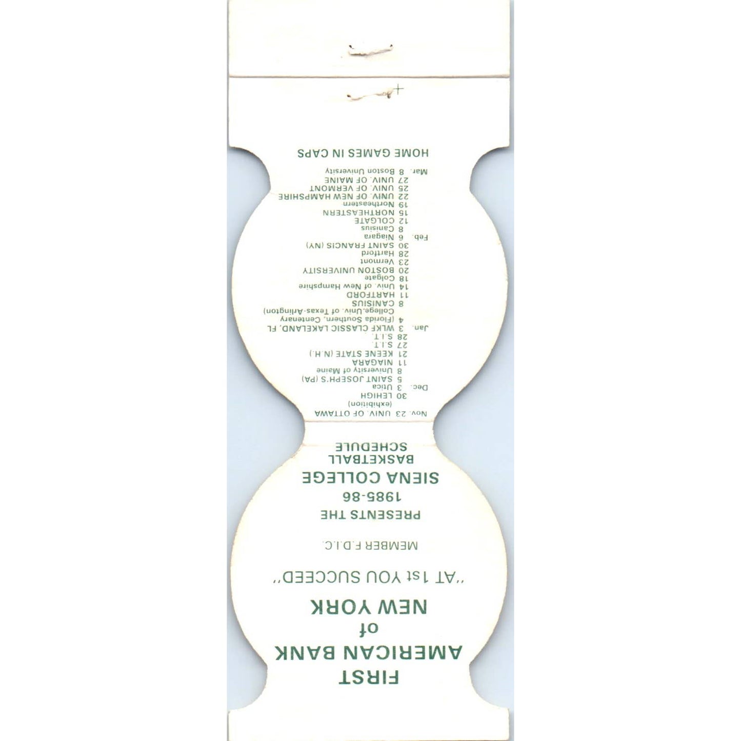 1985-86 Siena College Indians Basketball Schedule Matchbook Cover SA1-M4