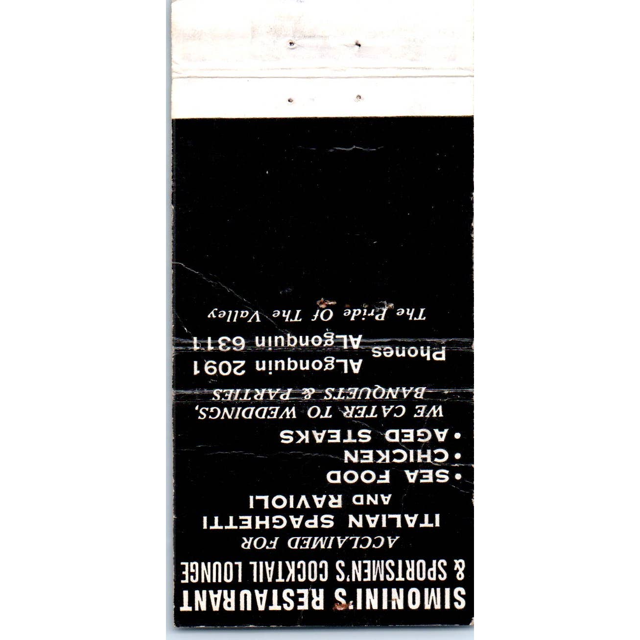 Simonini's Restaurant Algonquin IL Advertising Matchbook Cover SA1-M10