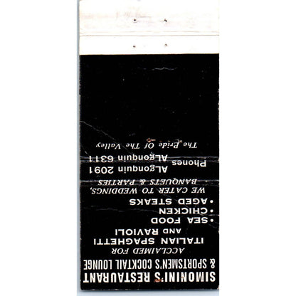 Simonini's Restaurant Algonquin IL Advertising Matchbook Cover SA1-M10
