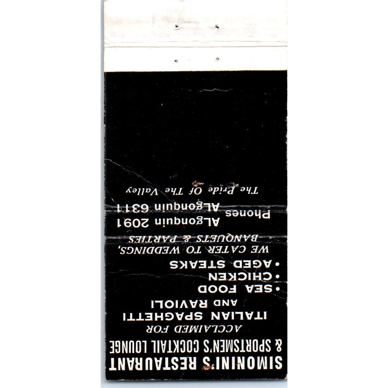 Simonini's Restaurant Algonquin IL Advertising Matchbook Cover MM9-6