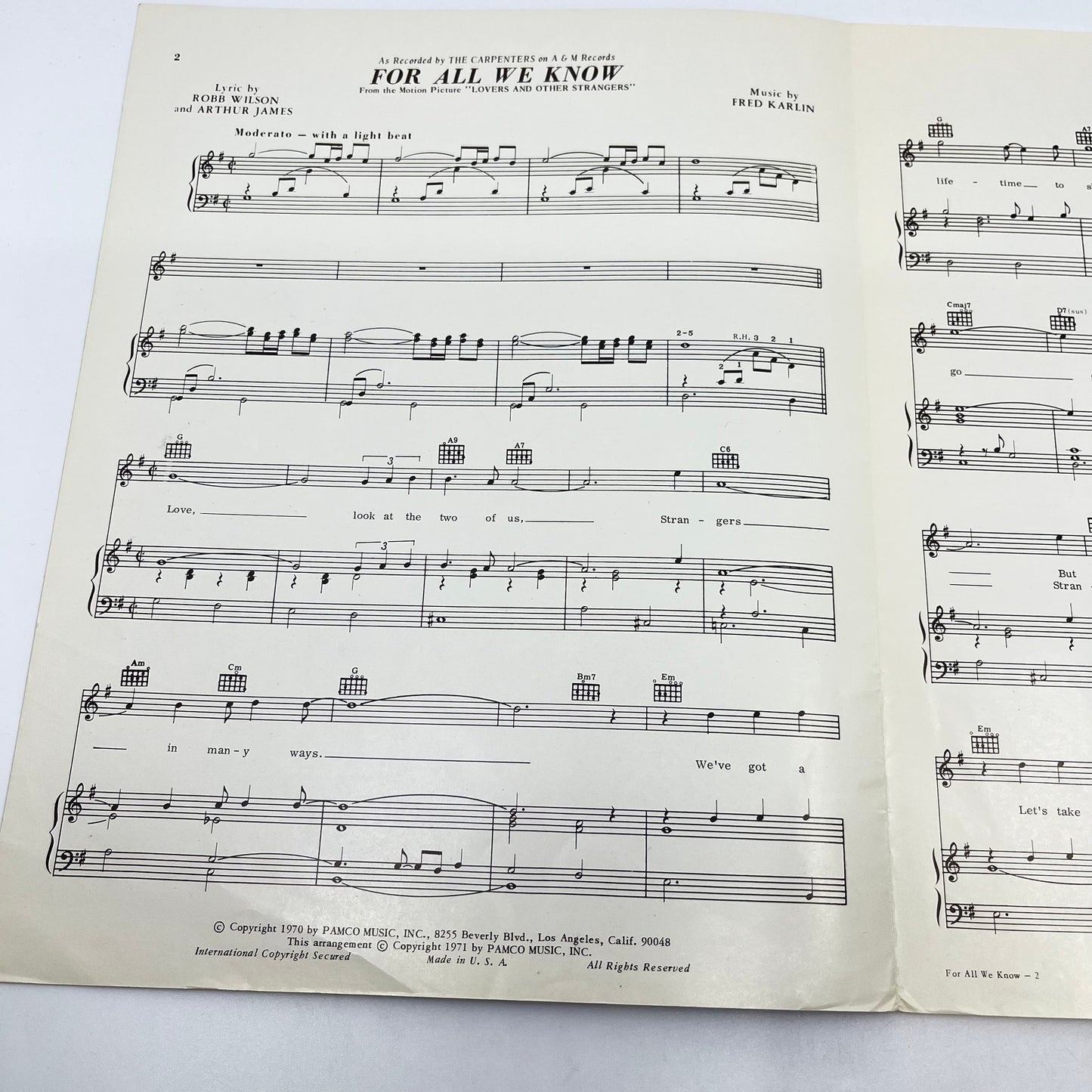 1970 Sheet Music For All We Know Lovers & Other Strangers The Carpenters V43-1
