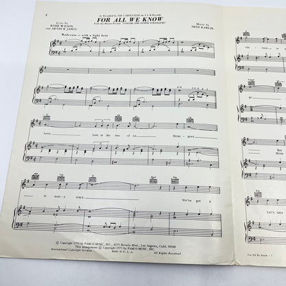 1970 Sheet Music For All We Know Lovers & Other Strangers The Carpenters V43-1
