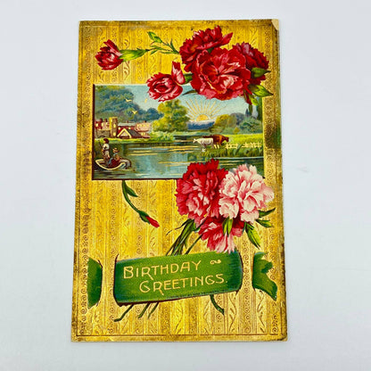 1910s Postcard Birthday Embossed Fishing Farmhouse Scene Gilt SC9