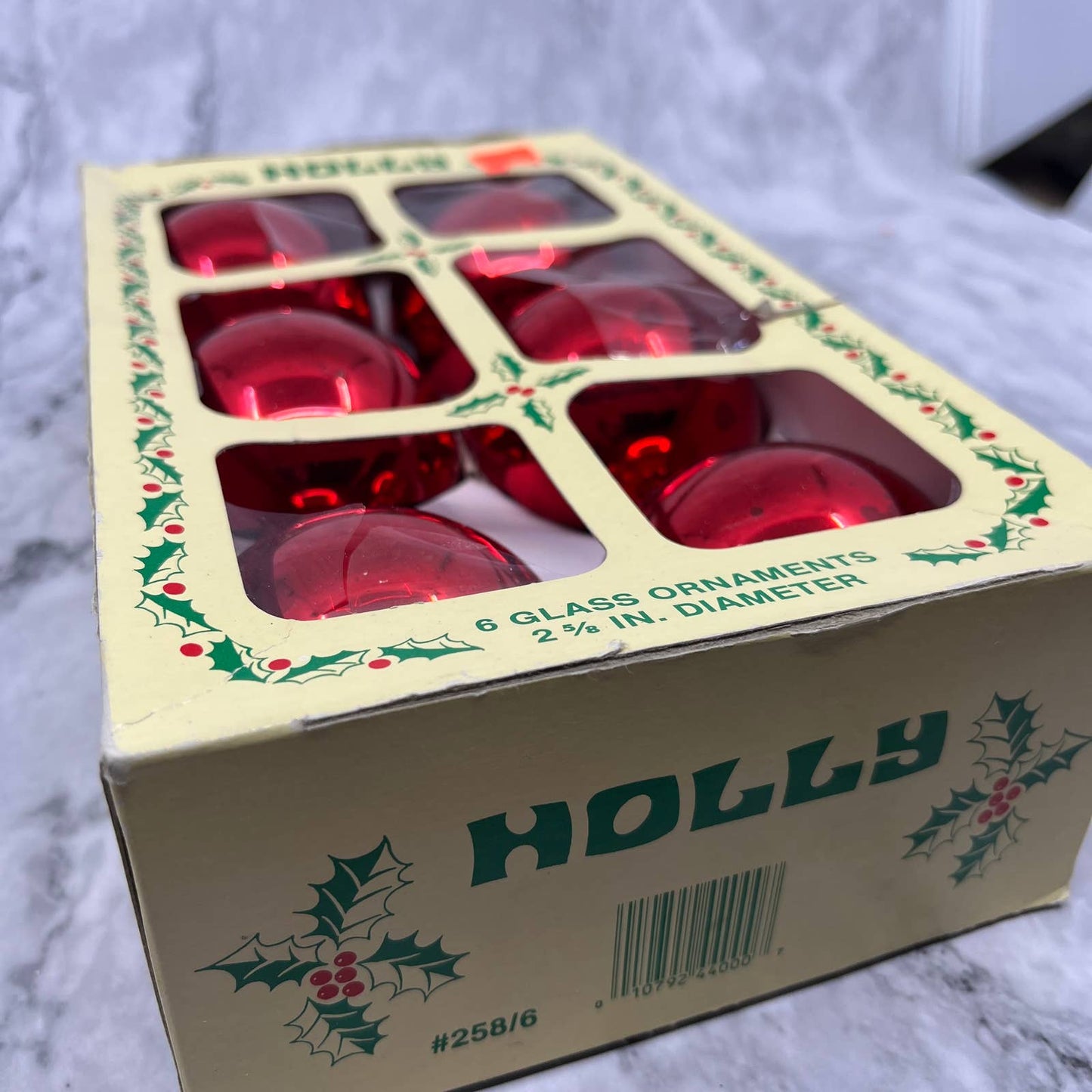 HOLLY 6 Vintage 2 5/8" Mercury Glass Ornaments Original Box Red TJ9