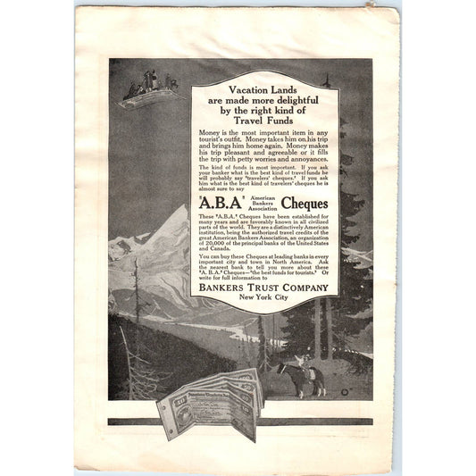 c1920 Harper's Magazine Ad - Bankers Trust Company ABA Traveler's Checks EA3