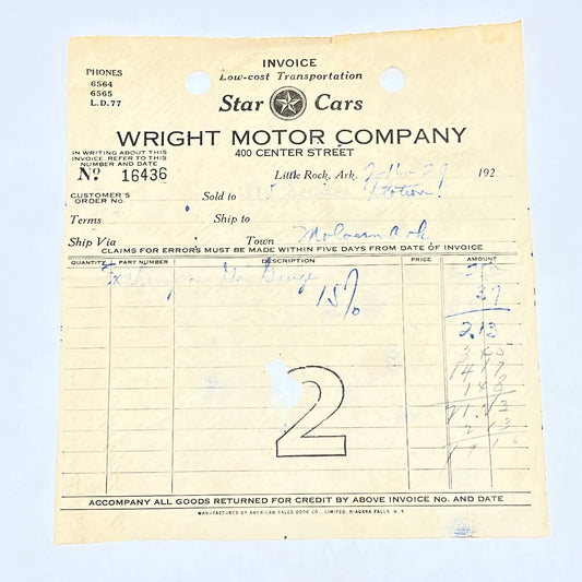 1929 Star Cars Wright Motor Company Billhead Letterhead Little Rock AR AC3