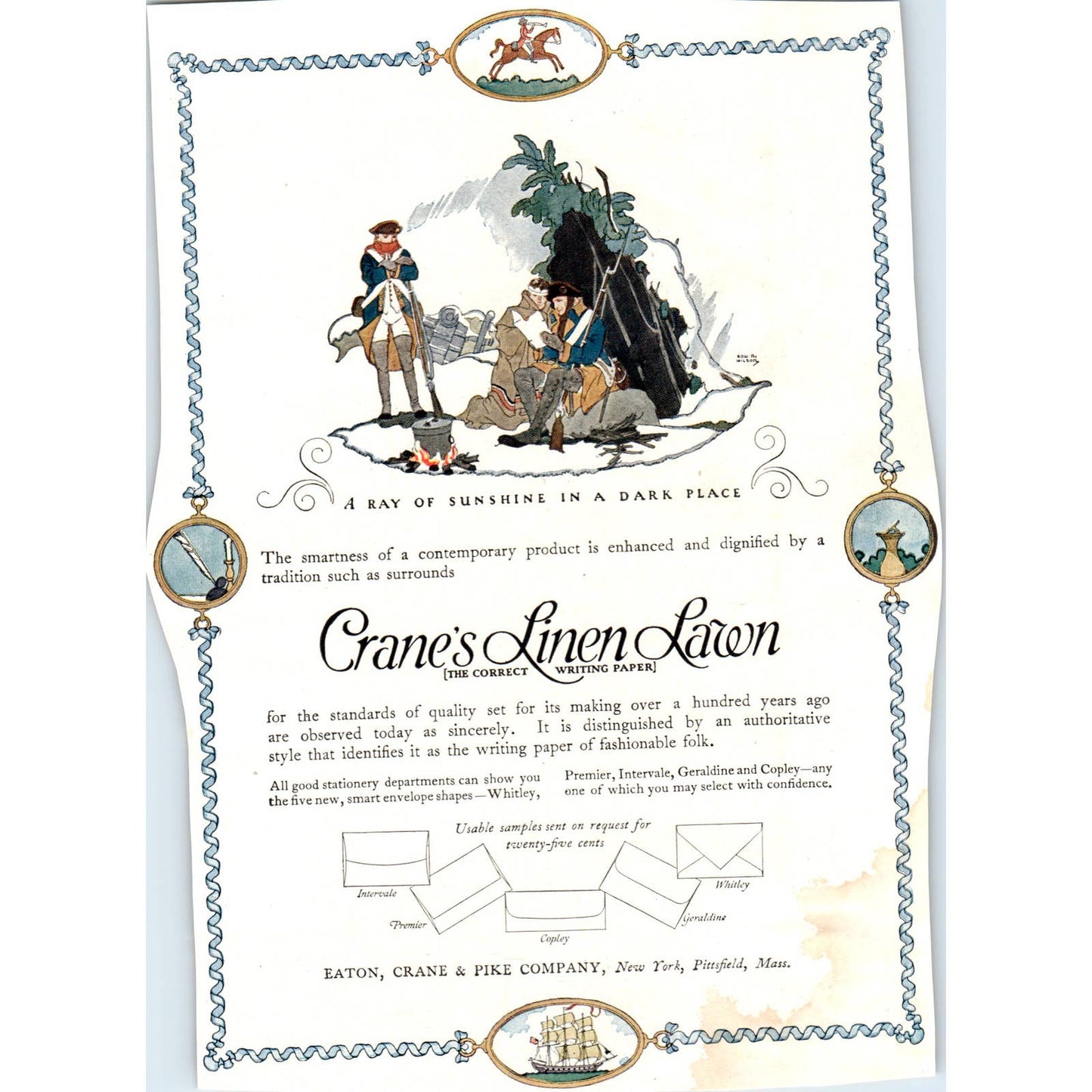 c1920 Harper's Magazine Ad - Crane's Linen Lawn Paper Eaton, Crane & Pike Co EA3