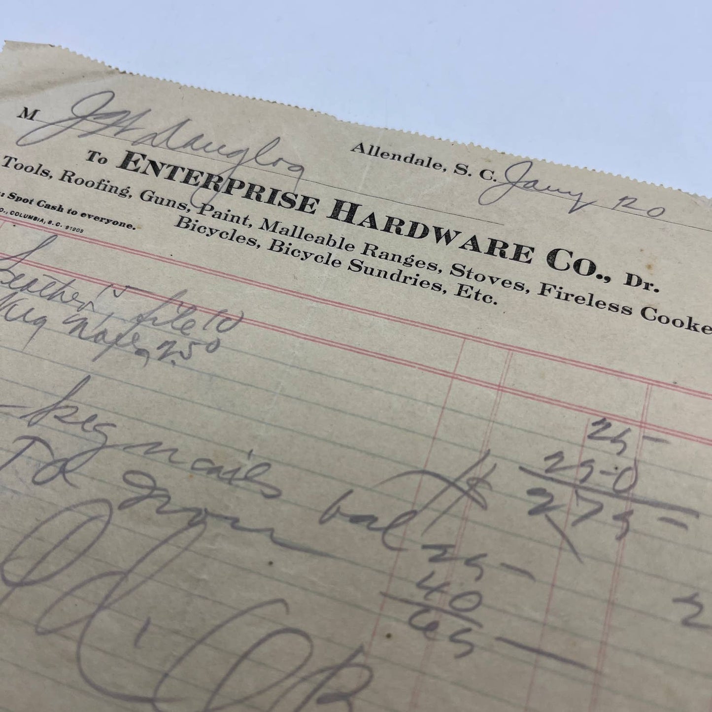 1914 Billhead Enterprise Hardware Co Tools Roofing Bicycles Allendale SC AC9