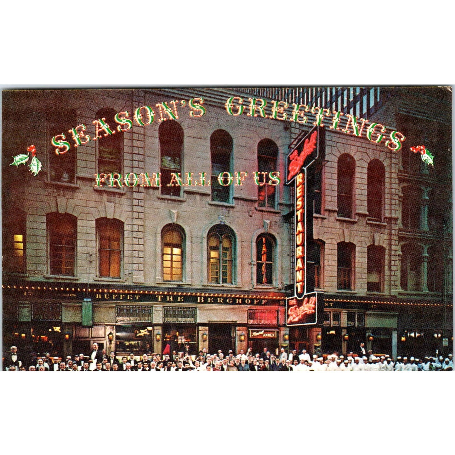 1968 Postcard The Berghoff Restaurant Wabash St Chicago Seasons Greetings SE4