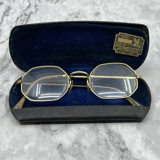 Antique Art Deco Artcraft Gold Fill Octagonal Frame Eyeglasses 4.75” w Case SE9