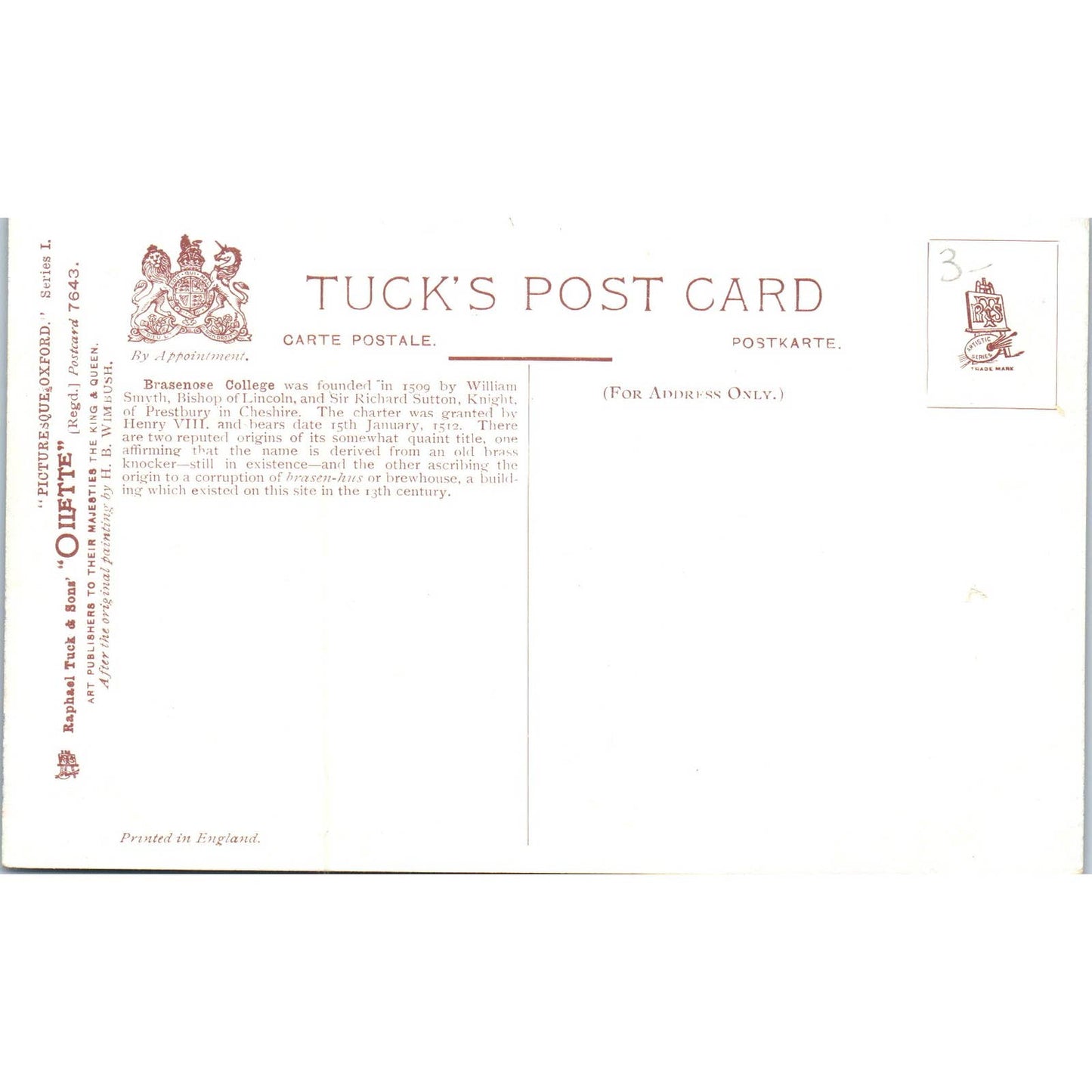 Oxford Brasenose College Raphael Tuck Oilette Original Postcard TK1-P17