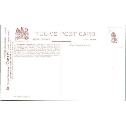 Oxford Brasenose College Raphael Tuck Oilette Original Postcard TK1-P17