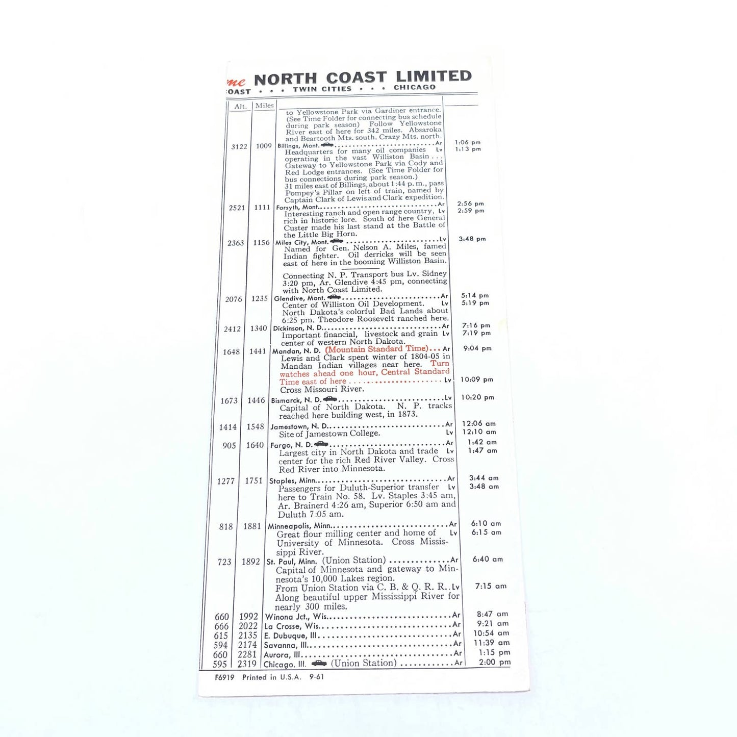 1961 Northern Pacific Railway Vista Dome North Coast Ltd Railroad Timetable AC1