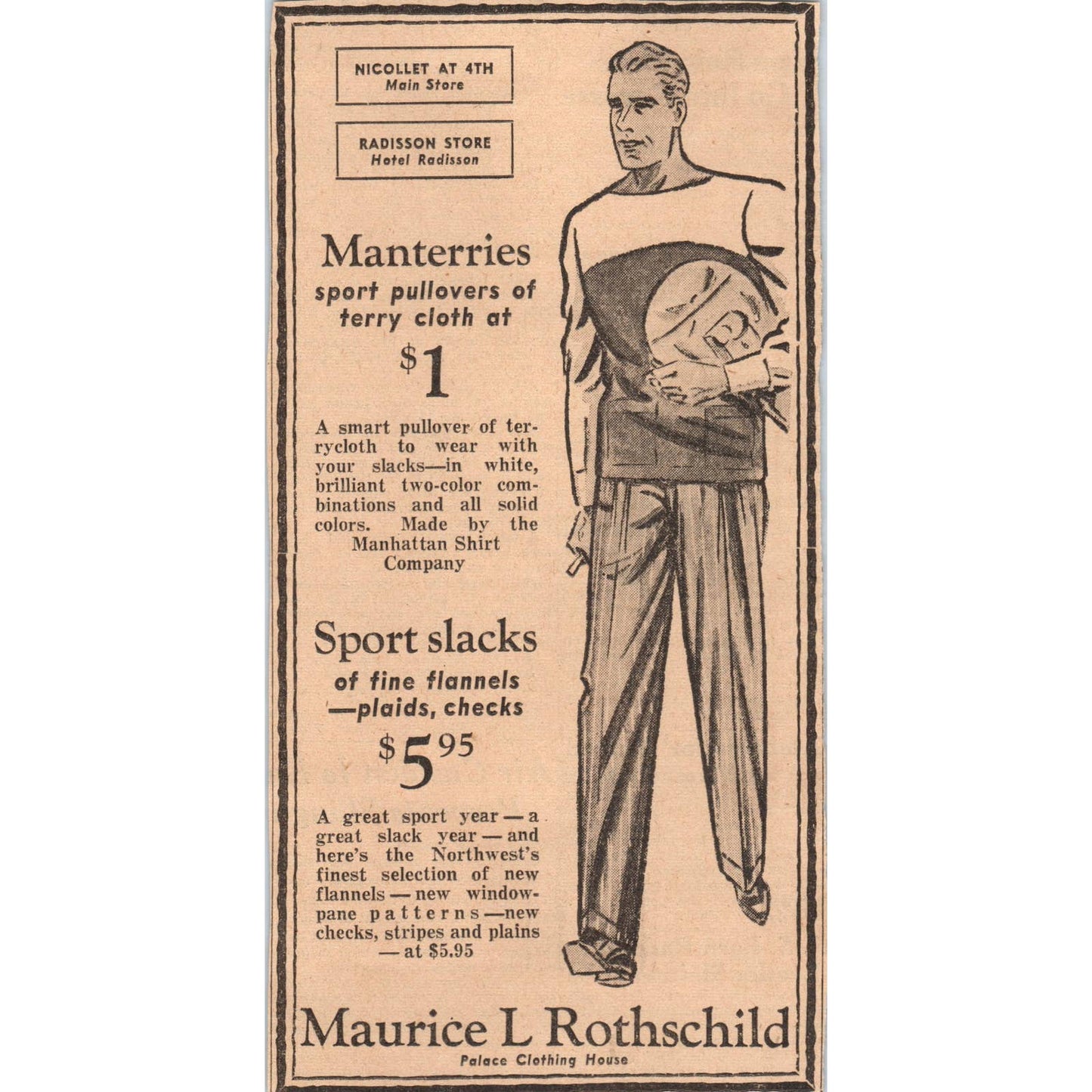 1935 Mpls Newspaper Ad Maurice L Rothschild Manterries Sport Pullovers FL5-3
