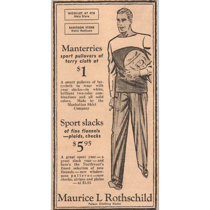1935 Mpls Newspaper Ad Maurice L Rothschild Manterries Sport Pullovers FL5-3