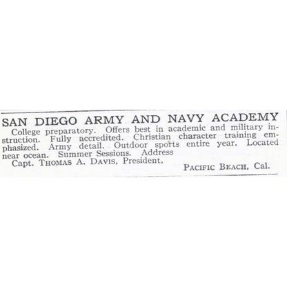 San Diego Army & Navy Academy Thomas A. Davis Pacific Beach CA - 1921 Ad TJ7-S6