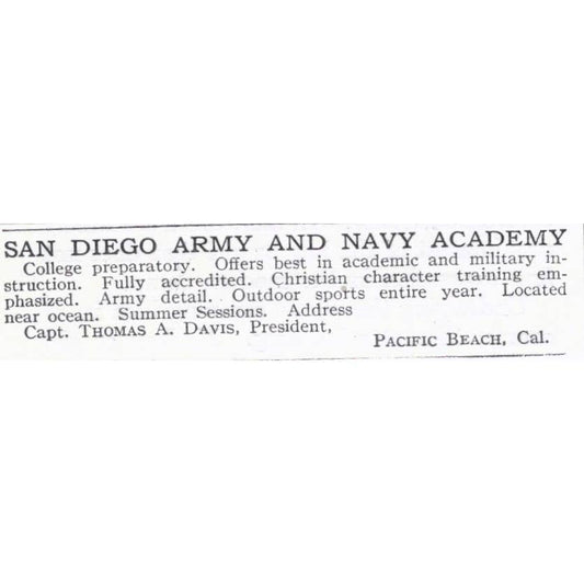 San Diego Army & Navy Academy Thomas A. Davis Pacific Beach CA - 1921 Ad TJ7-S6