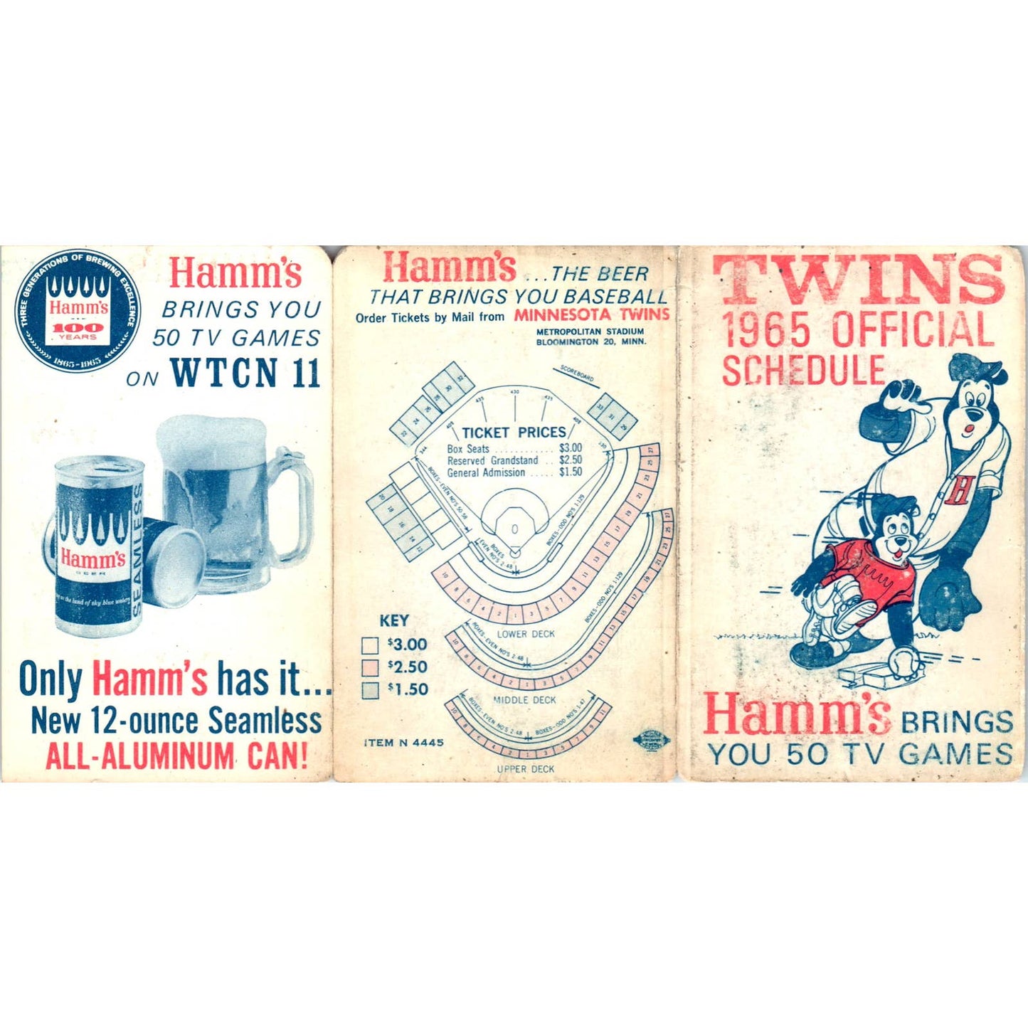1965 Minnesota Twins Baseball Bear Hamms Pocket TV Schedule TK1-P3