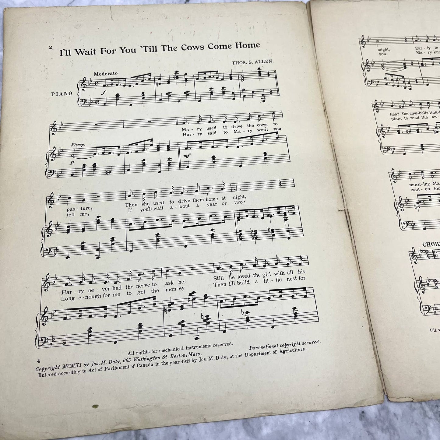 I'll Wait For You Till The Cows Come Home Thos. S Allen 1911 Sheet Music TK2-SM2