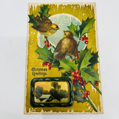 1910s Christmas Post Card Embossed Gold Holly Cottage Snow Robins PA4