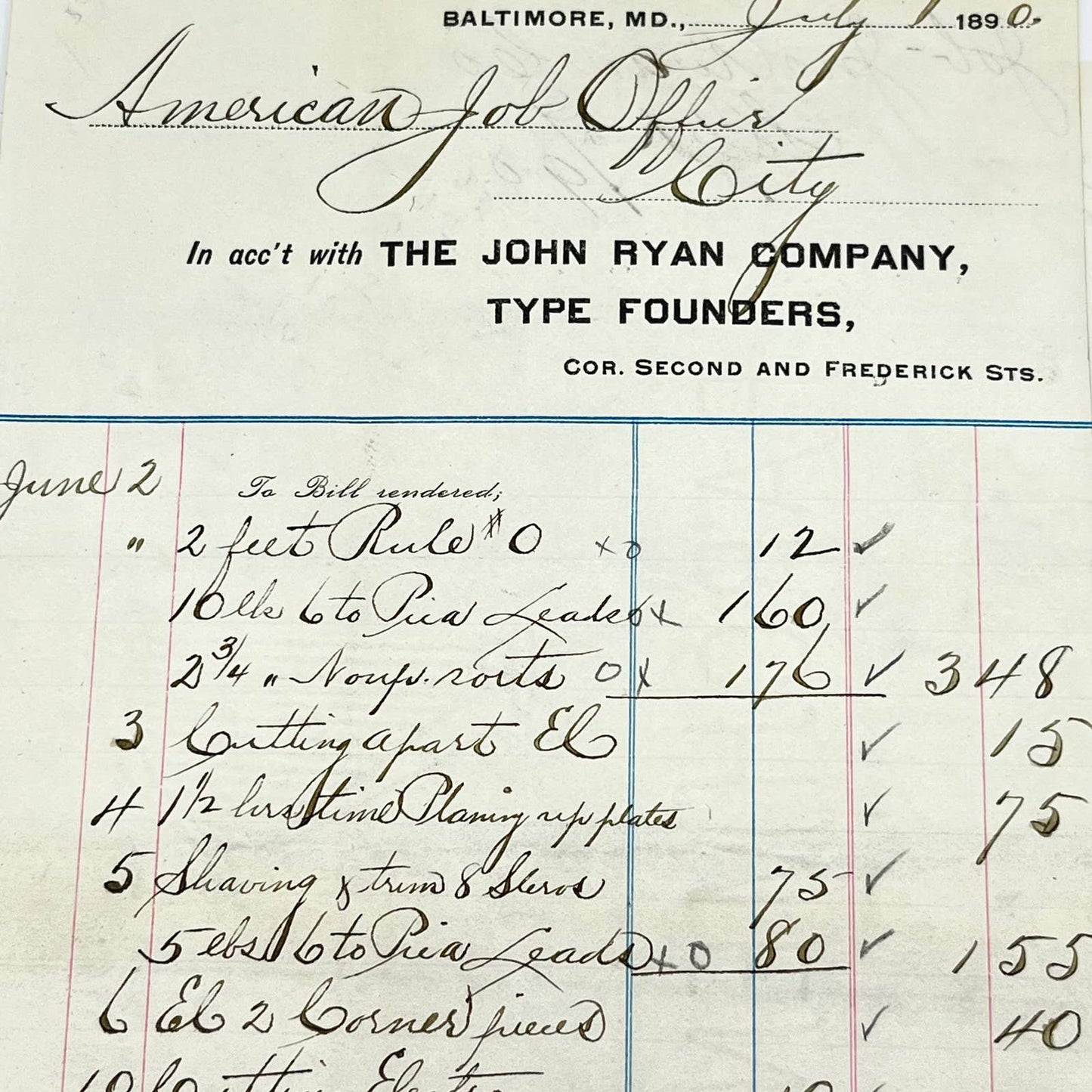 1890 American Job Office John Ryan Company Type Founders Baltimore MD AA7