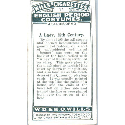 1929 Wills's Cigarette Card English Period Costumes #11 A Lady 15th Century SE5