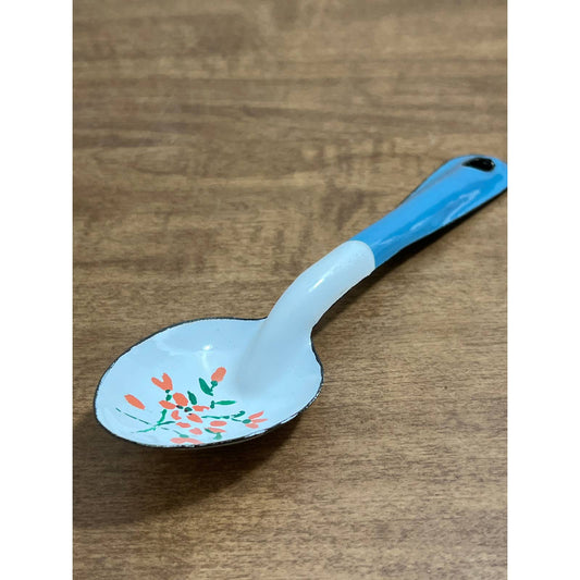 Vintage Enamel Spoon Blue and White Hand Painted Flowers 6” SD5