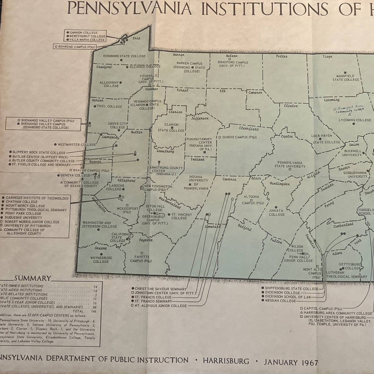 1967 Pennsylvania Institutions of Higher Education Fold Out Map 17x27" TG1