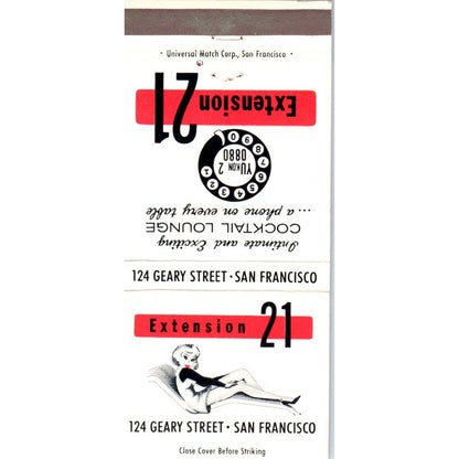 Extension 21 Cocktail Lounge San Francisco CA Advertising Matchbook Cover SA1-M7