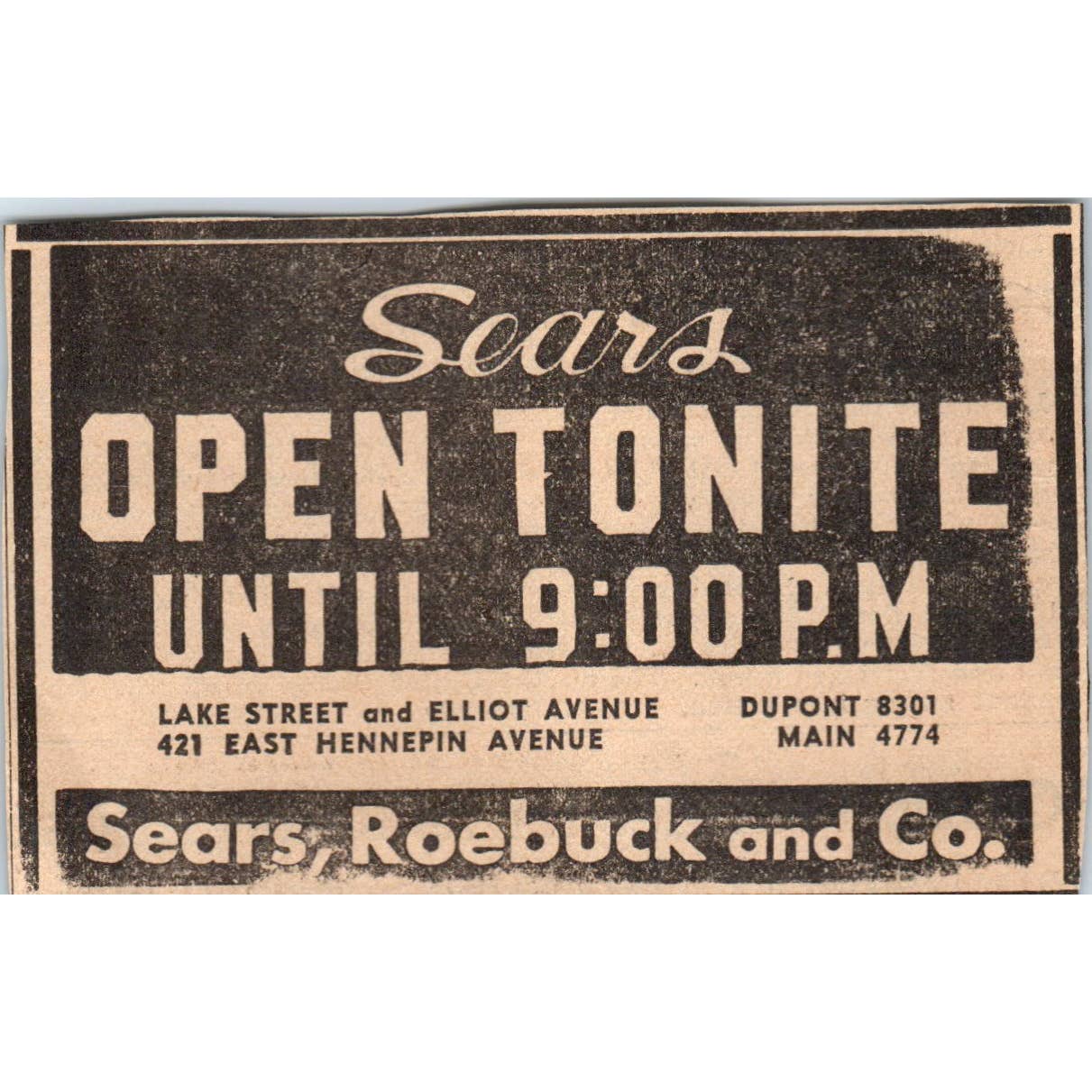 1935 Mpls Newspaper Ad Sears Lake Street & Elliot Ave, East Hennepin FL5-6