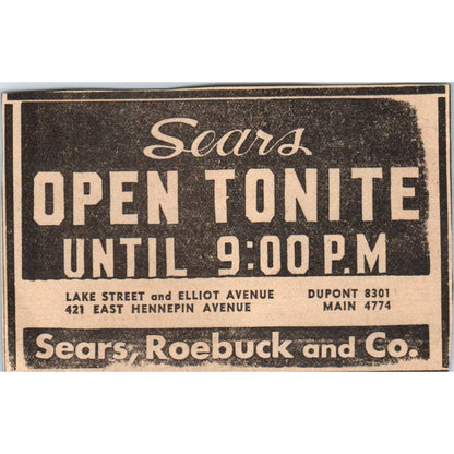 1935 Mpls Newspaper Ad Sears Lake Street & Elliot Ave, East Hennepin FL5-6