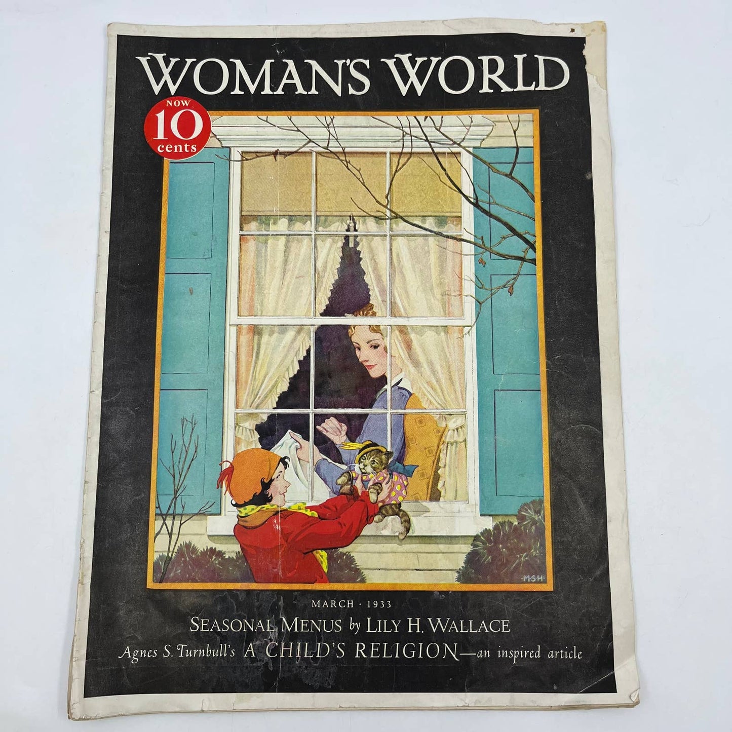 1933 March Women's World Magazine Miriam Story Hurford Art Girl & Kitten TI4