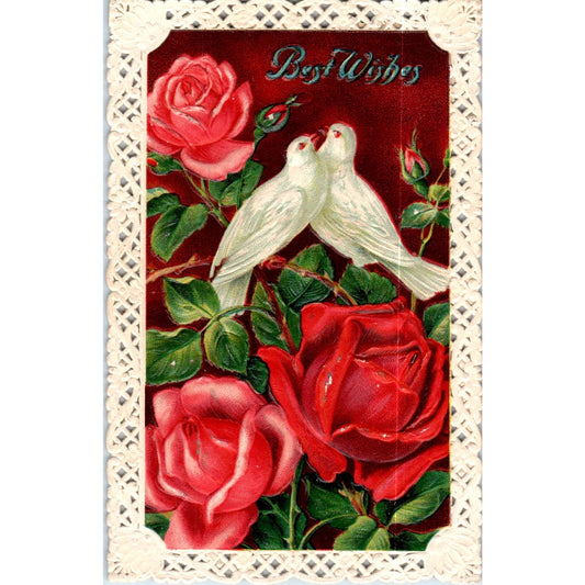 1910 Red Roses Doves Die Cut Lace Border Best Wishes Original Postcard P2-5