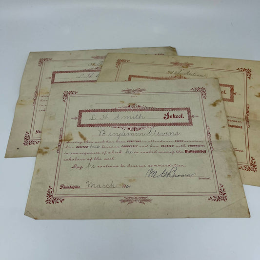 Antique 1901-02  School Commendation Letters L.H. Smith School Philadelphia B6